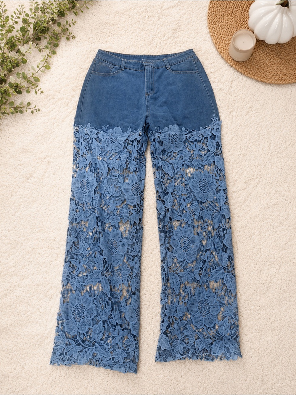 Women’s Blue Crochet Lace Panel Wide-Leg Pants